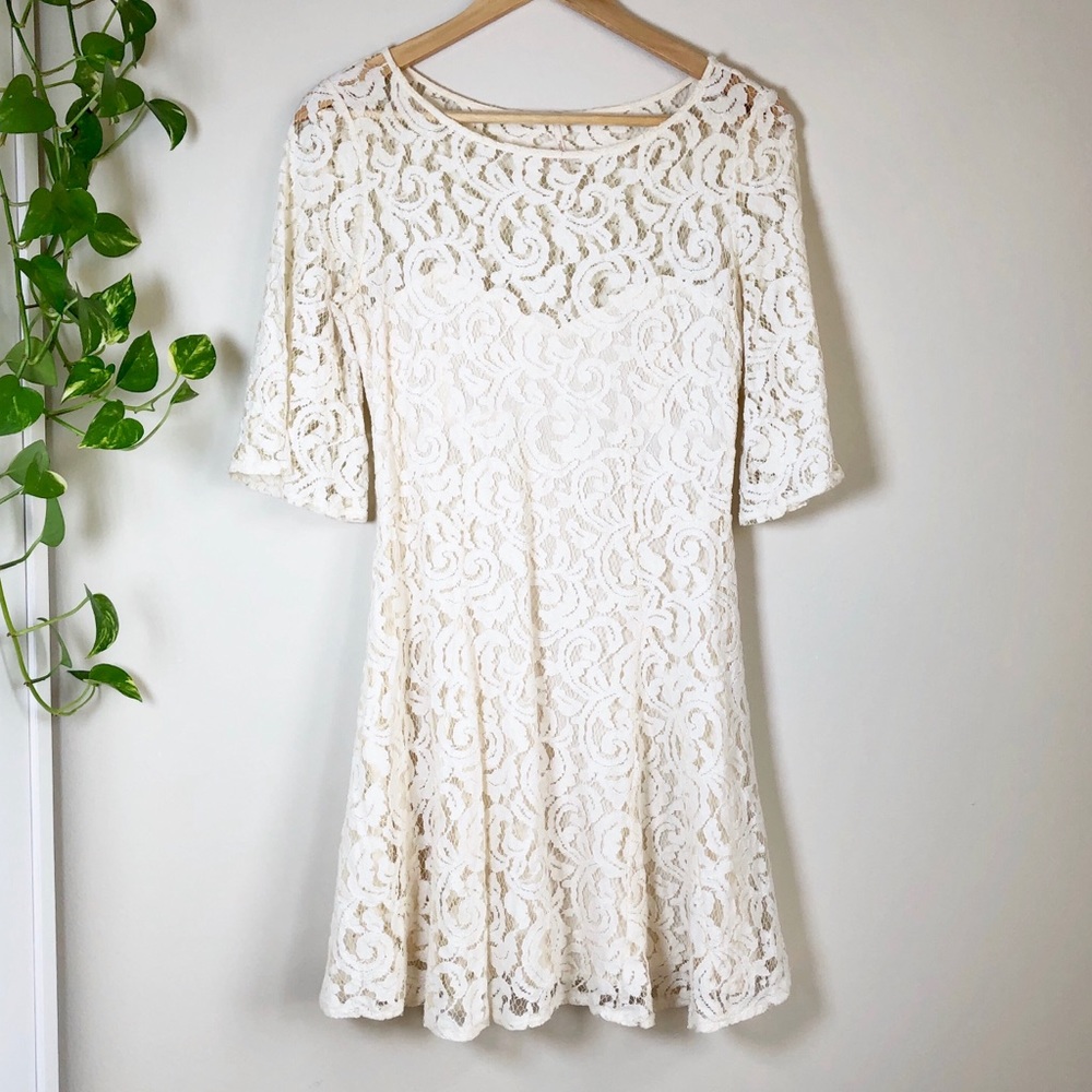 Free People Cream White Lace Fit and Flare Boho Hippie Skater Dress